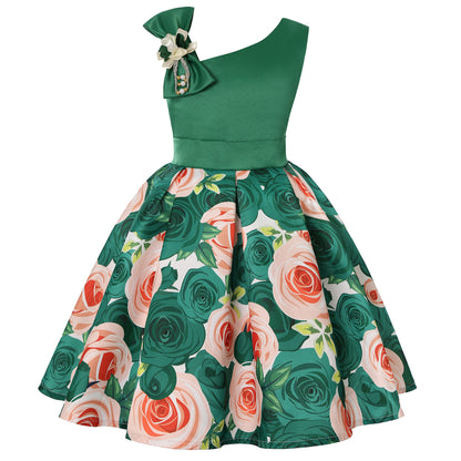 Girls' green and floral dress with one-shoulder bow, FashionRay stylish kids clothing