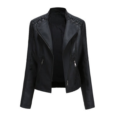 FashionRay black faux leather jacket with zip details and stylish lacing on shoulders