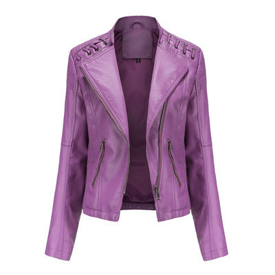 Women's purple faux leather biker jacket with zip pockets, displayed on white background