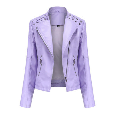 Lavender faux leather biker jacket with zipper details and lace-up accents by FashionRay