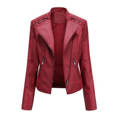 Women's red faux leather biker jacket with zipper pockets, FashionRay trendy outerwear