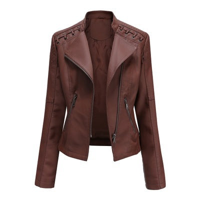 Women's brown faux leather jacket with zipper front and lace-up shoulder detail from FashionRay