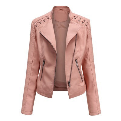 Light pink women's faux leather jacket with zippers, FashionRay trendy outerwear