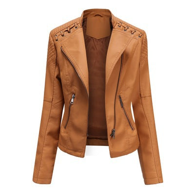Trendy tan faux leather jacket with zipper details, stylish outerwear from FashionRay