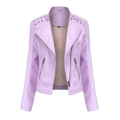 Light purple faux leather biker jacket with silver zippers, trendy women's fashion at FashionRay