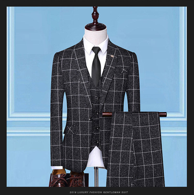 FashionRay men's plaid windowpane suit with vest, white shirt, and tie, displayed on mannequin