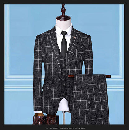 FashionRay men's plaid windowpane suit with vest, white shirt, and tie, displayed on mannequin