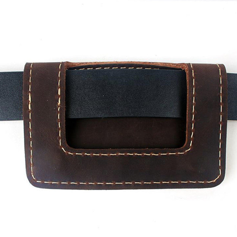 Close-up of a brown leather belt pouch with contrast stitching, FashionRay accessory