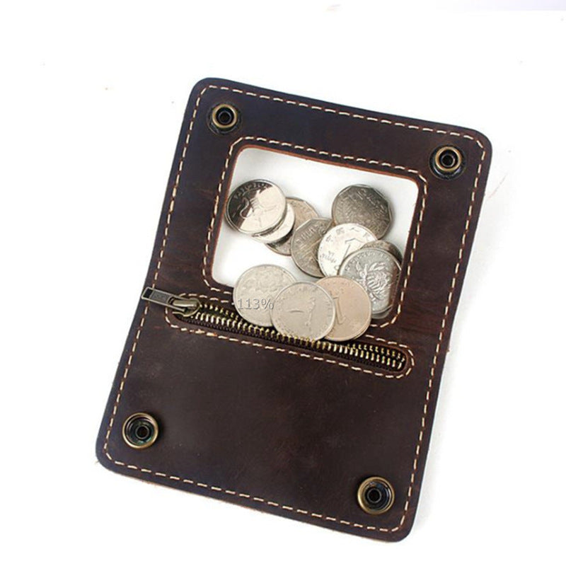 Brown leather coin pouch with zipper, visible coins, FashionRay trendy accessory