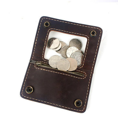 Brown leather coin pouch with zipper, visible coins, FashionRay trendy accessory