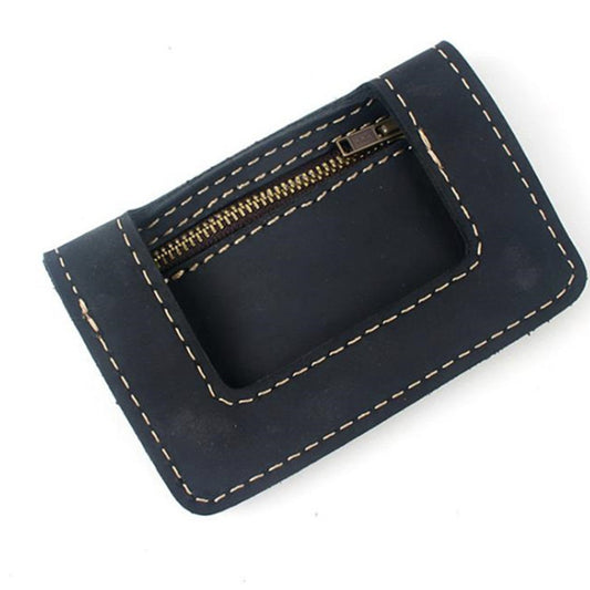 Black leather wallet with visible stitching and zipper pocket, FashionRay minimalist design