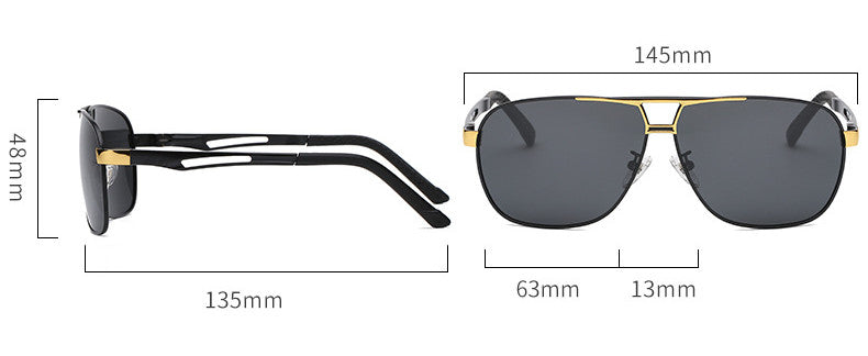 Men’s black and gold square sunglasses with measurements, FashionRay eyewear style