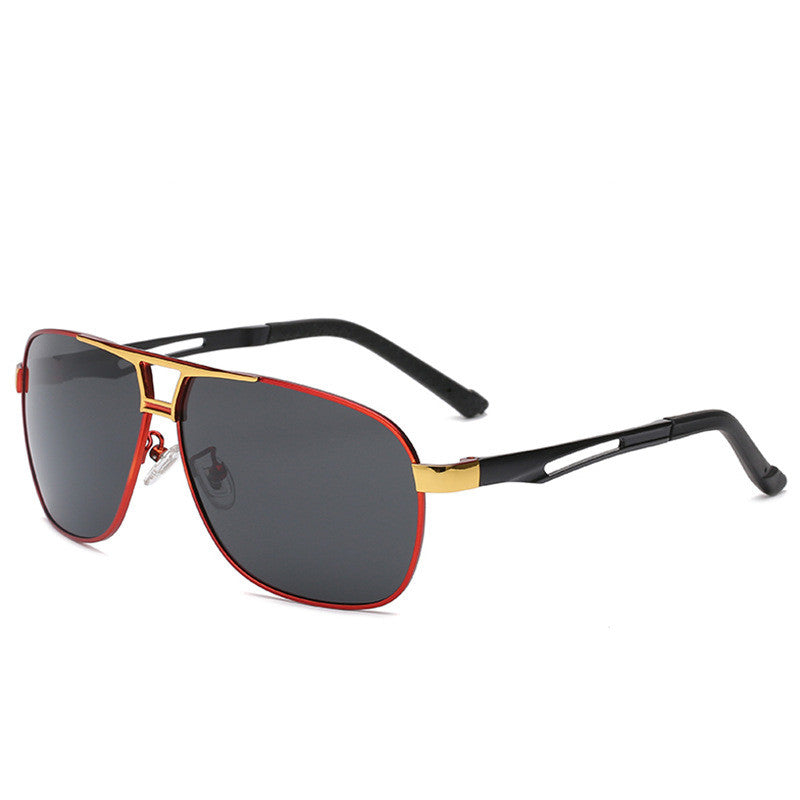 FashionRay trendy aviator sunglasses with black lenses, red frame, and gold accents