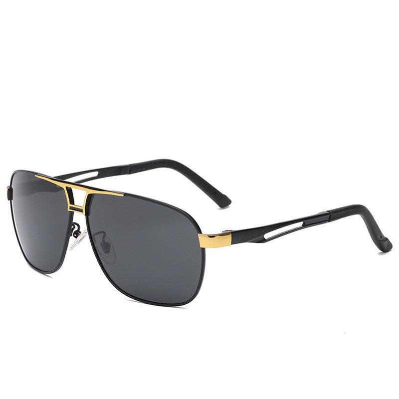 Black and gold aviator sunglasses with dark lenses on white background, FashionRay style