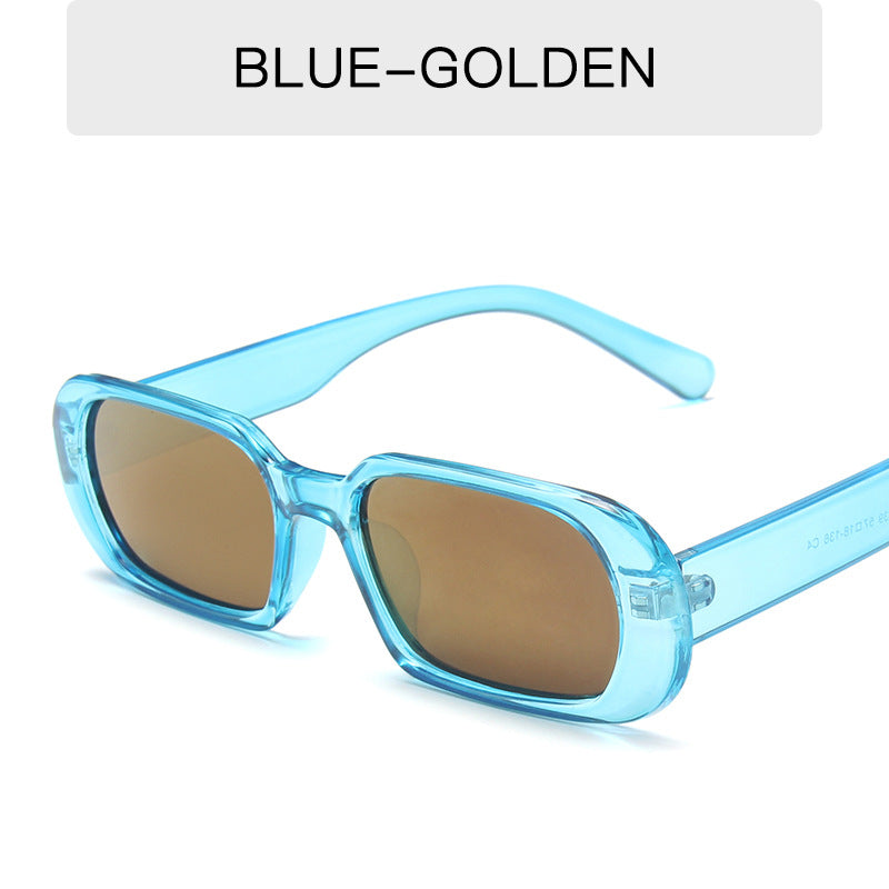 Blue frame sunglasses with golden lenses, trendy eyewear at FashionRay