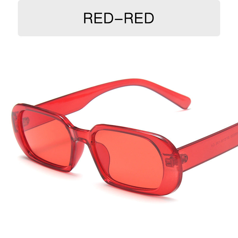 Trendy red rectangular sunglasses with red lenses, FashionRay chic accessory