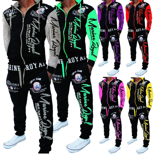 FashionRay men's tracksuits with bold Marine Royal lettering in multiple colors, sporty streetwear style.
