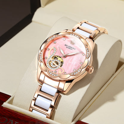Rose gold women's fashion watch with pink crystal dial and white ceramic links, FashionRay