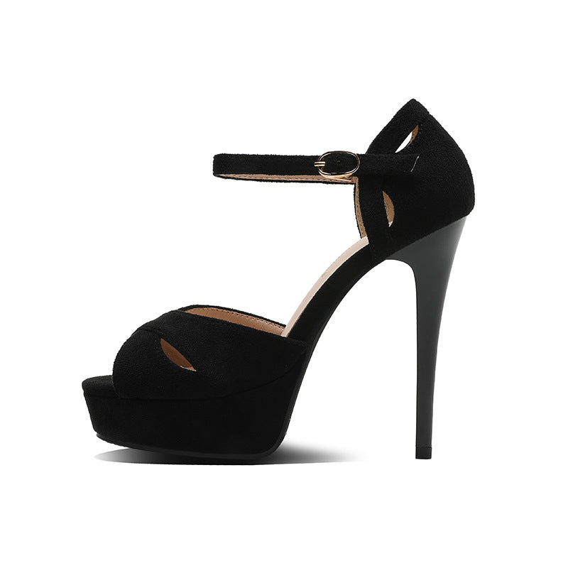 Black suede platform high heel sandal with ankle strap, FashionRay trendy women's shoe