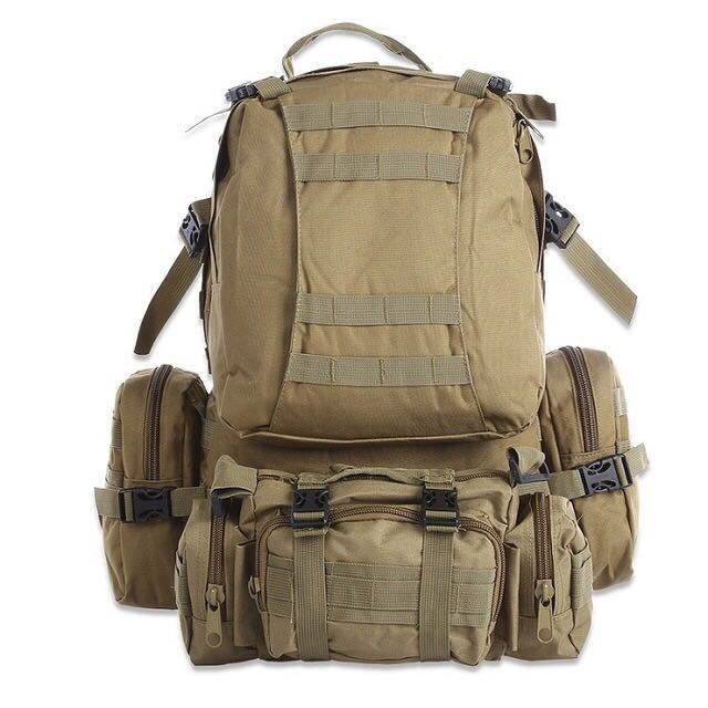 Tan tactical backpack with multiple zippered compartments and adjustable straps, FashionRay