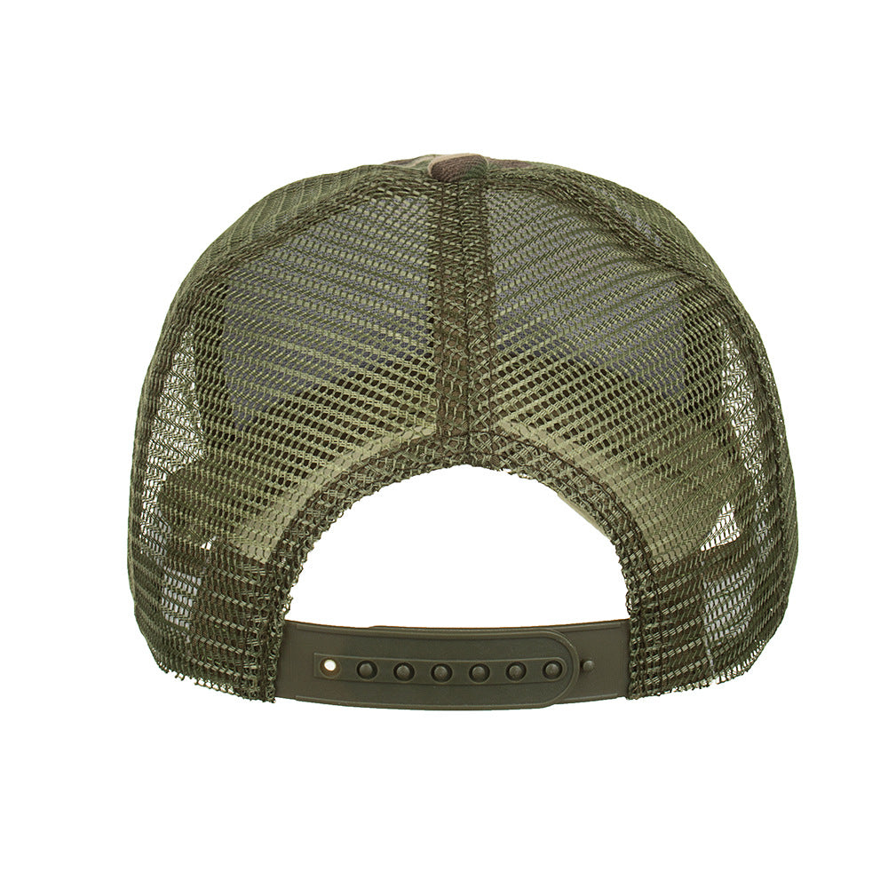 Back view of olive green mesh trucker cap with adjustable snap closure, FashionRay style