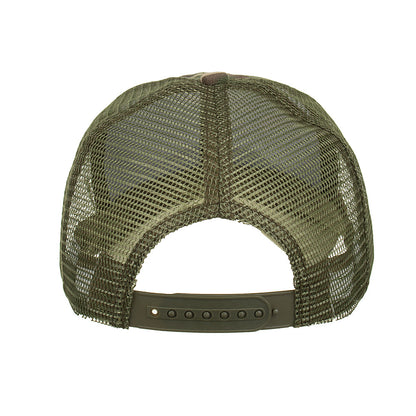 Back view of olive green mesh trucker cap with adjustable snap closure, FashionRay style