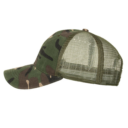 Camo print mesh trucker cap, adjustable green hat, FashionRay trendy accessory