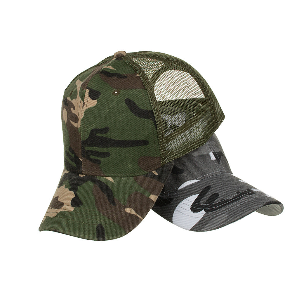 FashionRay camo print mesh cap and black camo baseball hat on white background