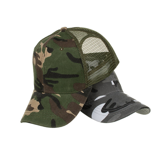 FashionRay camo print mesh cap and black camo baseball hat on white background