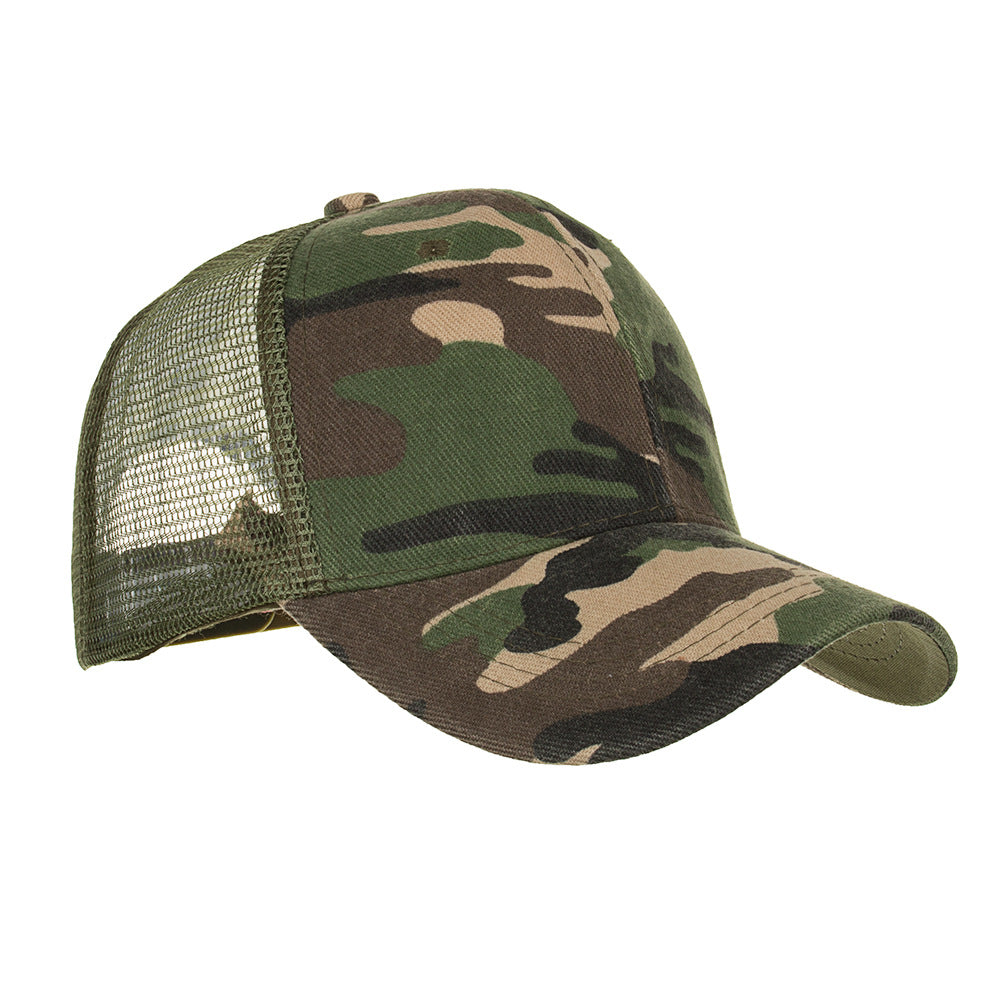 Camouflage mesh trucker cap, stylish hat from FashionRay, bold outdoor fashion accessory.