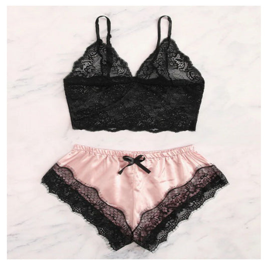 Black lace bralette and pink satin shorts set with lace trim, stylish sleepwear from FashionRay