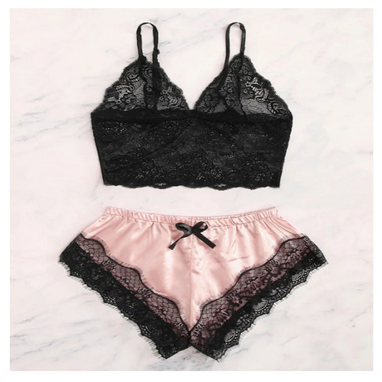 Black lace bralette and pink satin shorts set with lace trim, FashionRay trendy sleepwear.
