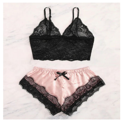 Black lace bralette and pink satin shorts set with lace trim, FashionRay trendy sleepwear.