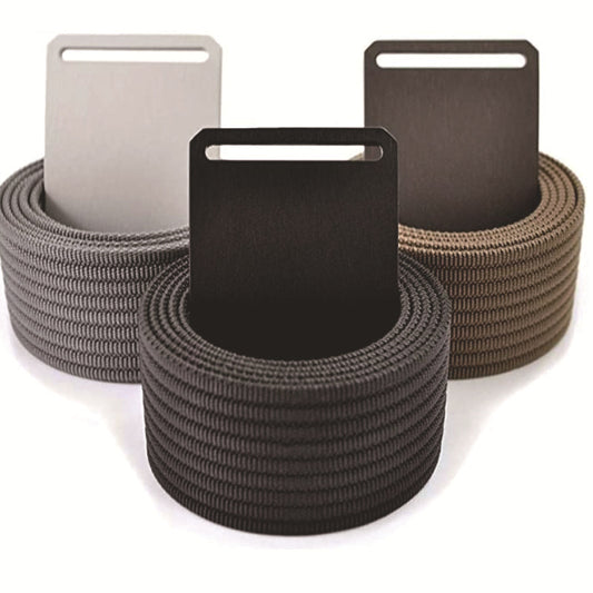 Three rolled woven fabric belts in black, gray, and brown with rectangular buckles, FashionRay