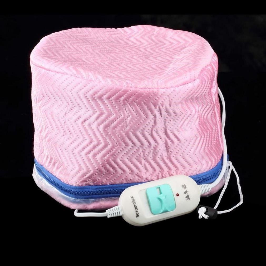 Pink quilted electric heating cap with controller, trendy hair care accessory