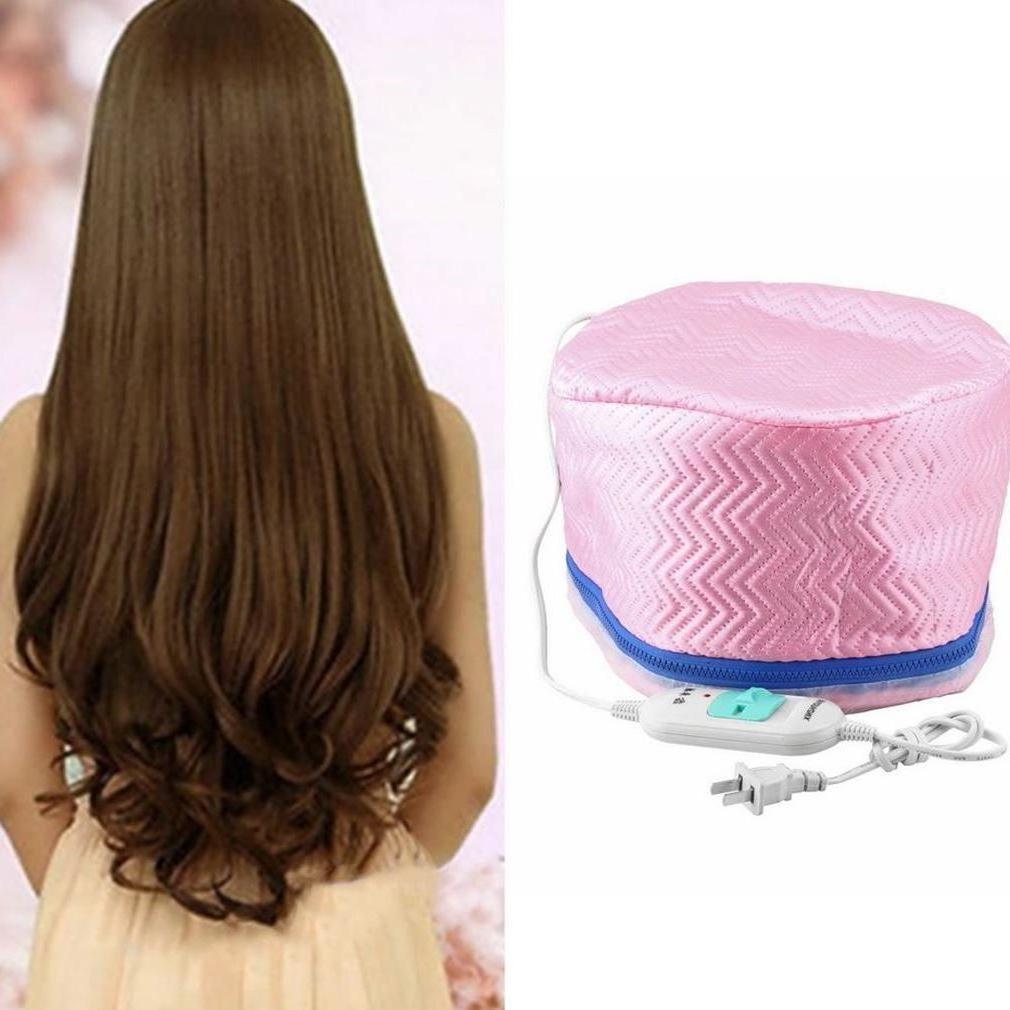 Long silky brown hair and a pink electric hair steamer cap for home hair care, FashionRay