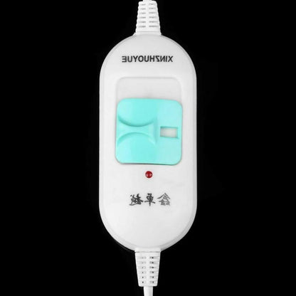 White electric device controller with turquoise switch, black background, FashionRay