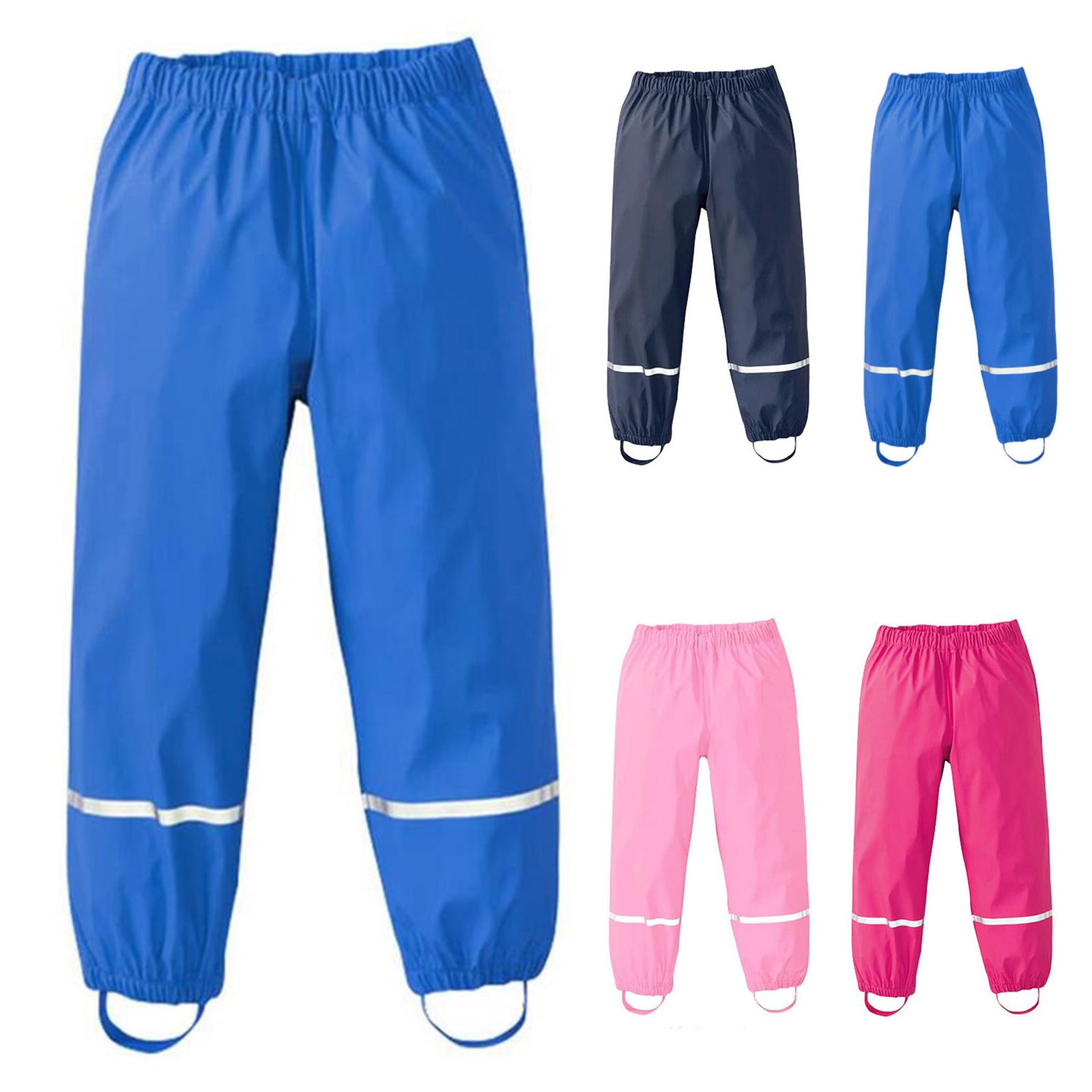Assorted children's waterproof pants in blue, navy, light pink, and hot pink with reflective stripes