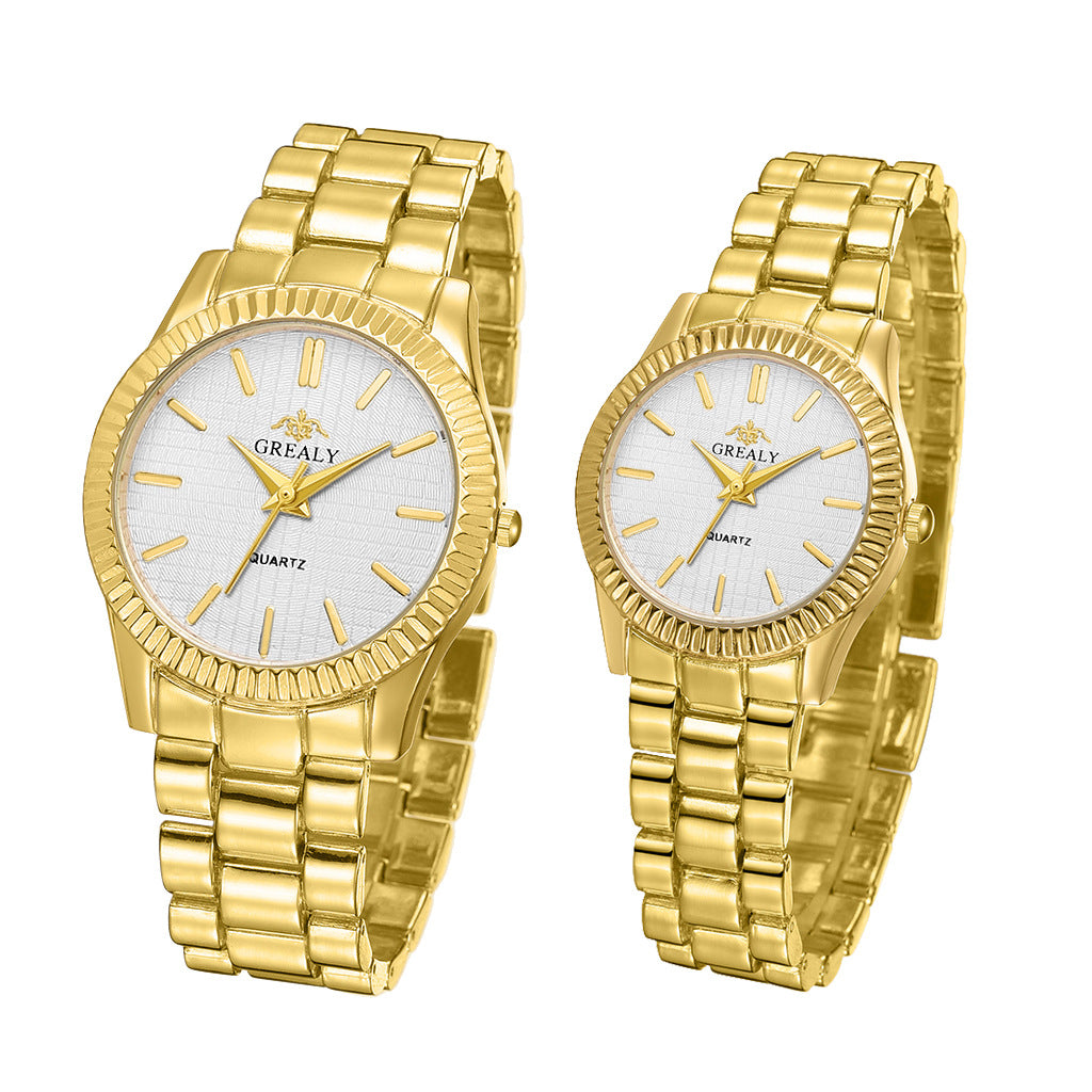 Gold Grealy quartz wristwatches pair with white dials, trendy accessory at FashionRay