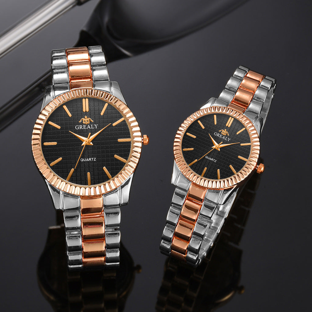 FashionRay rose gold and silver wristwatches with black dials on reflective surface
