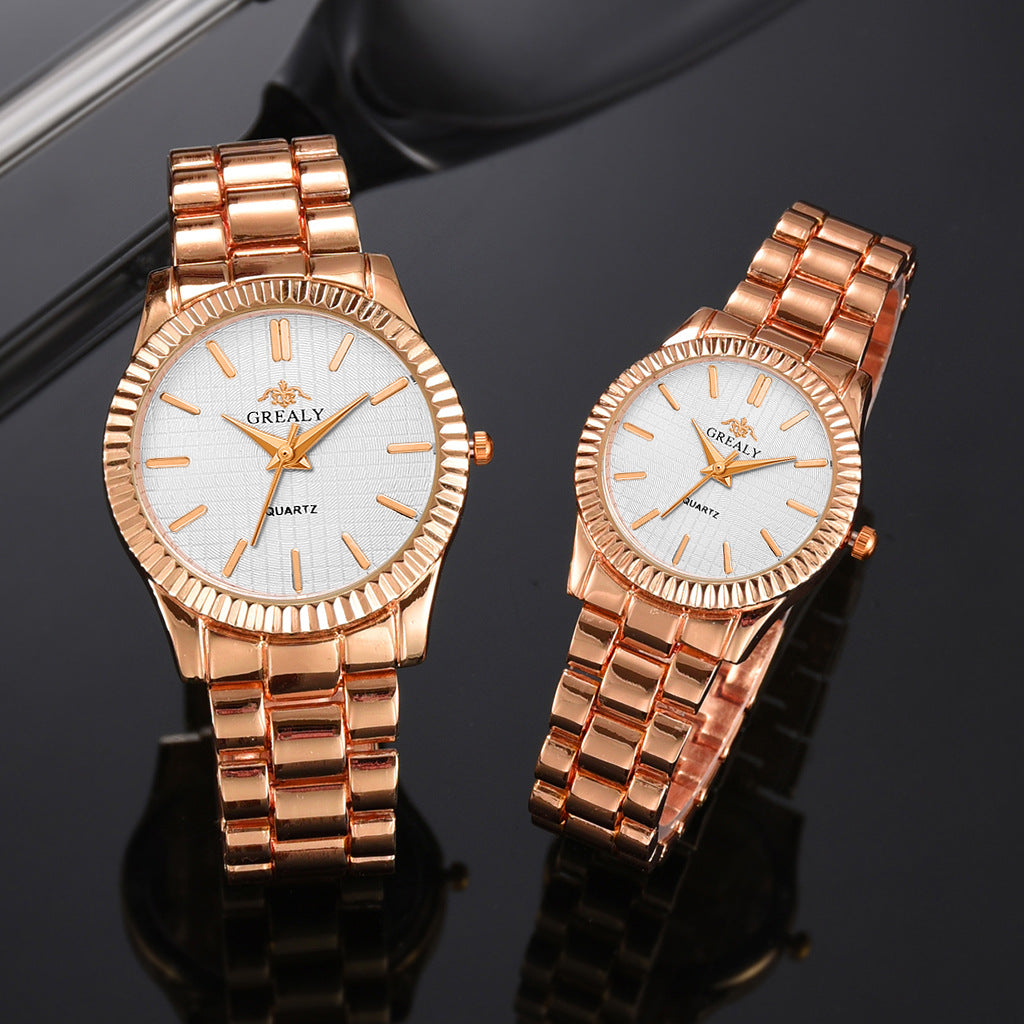 FashionRay rose gold Grealy quartz watches with white dials on black background
