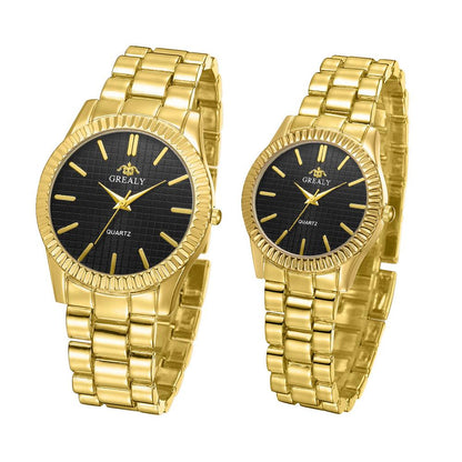 Gold Grealy quartz watches with black faces, matching pair, FashionRay trendy accessories