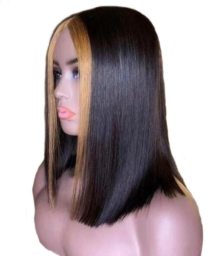 Mannequin with straight black wig featuring bold blonde front highlights, FashionRay style