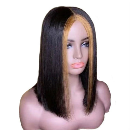 Straight black wig with blonde highlights on mannequin, trendy hair fashion at FashionRay
