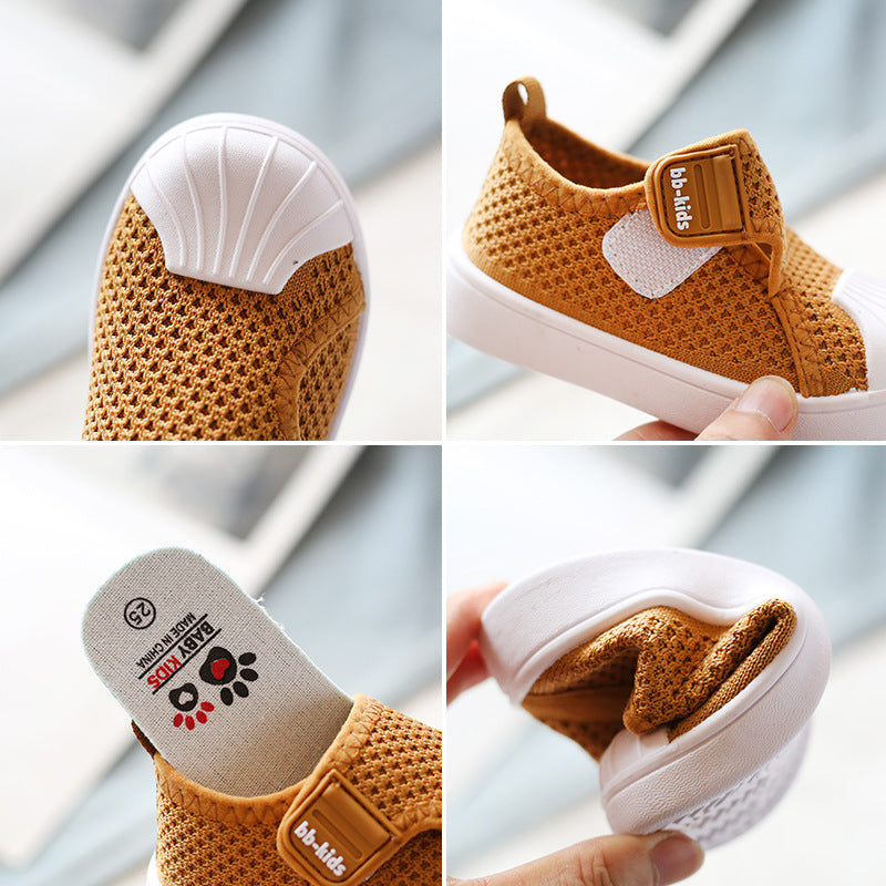 Light brown breathable mesh baby shoes with white sole and flexible design, FashionRay