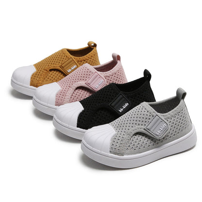 Trendy mesh slip-on sneakers for kids in yellow, pink, black, and gray from FashionRay