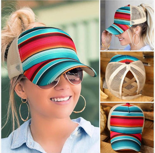 Colorful striped mesh ponytail cap with crisscross back, trendy hat at FashionRay
