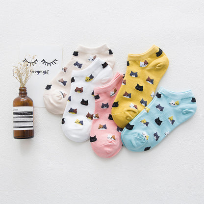 Colorful ankle socks with cute cat face patterns, fashion accessories from FashionRay