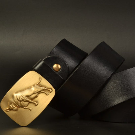 Black leather belt with a gold bull buckle, stylish accessory from FashionRay