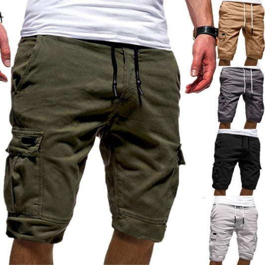 Men's casual cargo shorts in multiple colors at FashionRay, featuring drawstring waist and side pockets.